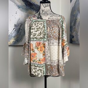 Cato EST 1948 Boho Chic Floral Patchwork Blouse w/ Flutter Sleeves Size Medium